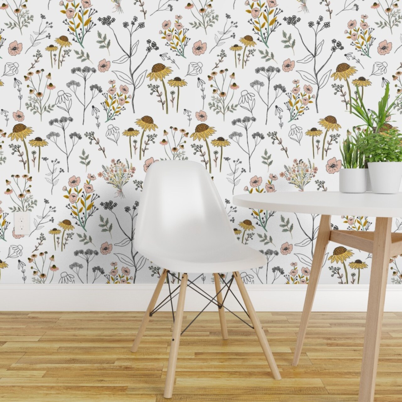 Pre-Pasted Wallpaper 2FT Wide Simple Blush Floral Mustard Gold Honeybee Pink Nature Plants Spring Custom Pre-pasted Wallpaper by Spoonflower